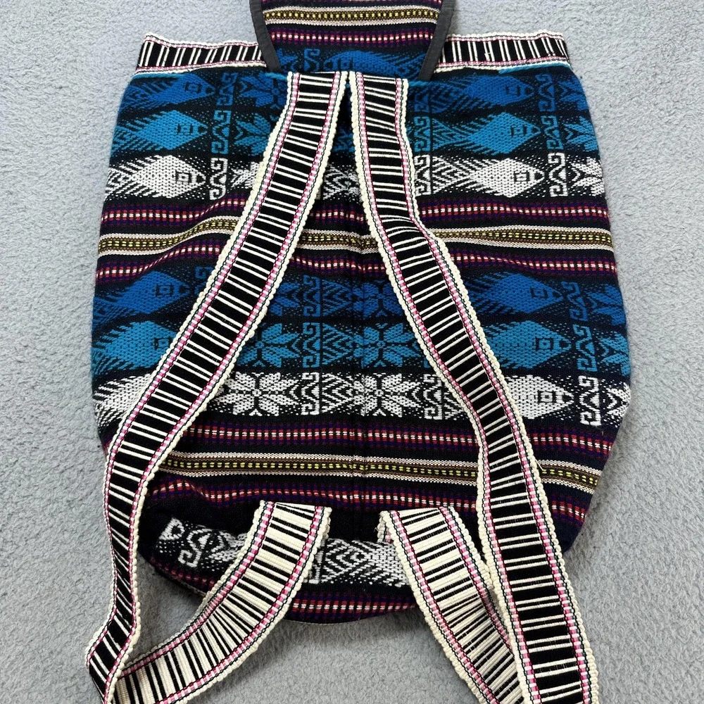 Boho Woven Tribal Aztec Backpack Blue Black Tassel Lined Front Zip Pocket Hippie
